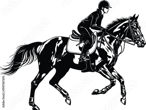 Equestrian rider on jumping horse silhouette, professional horseback riding athlete in motion, equestrian sport vector illustration isolated on white background