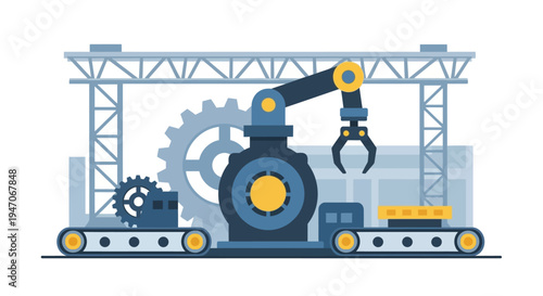 Smart Factory Automation: Robotic Arm on Production Line with Gears and Conveyor Belt Illustration