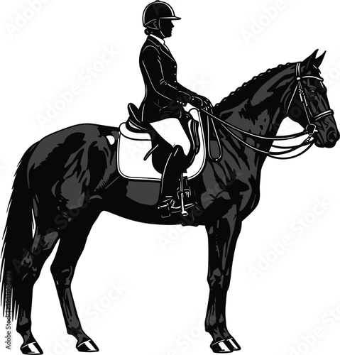 Equestrian rider sitting on horse silhouette, professional horseback riding athlete in dressage position, equestrian sport vector illustration isolated on white background