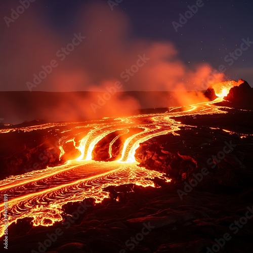 Volcanic Eruption with Flowing Lava at Night.