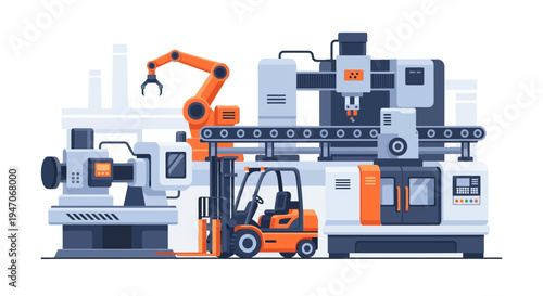 Smart Factory Automation: Robotic Arm, Conveyor Belt, and Forklift in Modern Industrial Production Line with CNC Machines