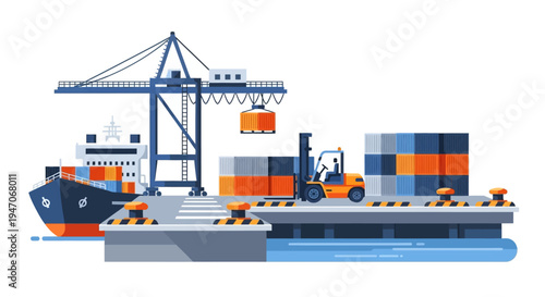 Global Shipping Logistics at Container Port with Cargo Ship, Gantry Crane & Forklift. International Freight Transportation & Supply Chain Management.