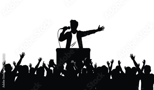 A silhouette of a charismatic public speaker addressing a large and enthusiastic cheering crowd