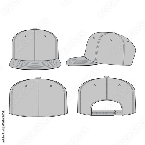 Blank grey snapback baseball cap mockup vector flat sketch template. Front, back, side multi-angle views. Technical fashion design tech pack illustration for headwear apparel branding.