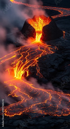 Volcanic Eruption with Flowing Lava at Night.