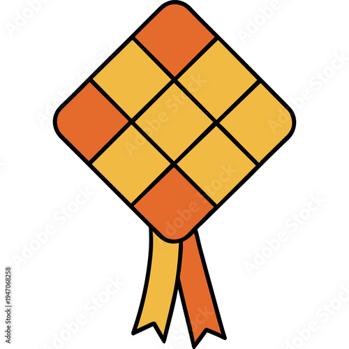 A colorful kite flies high in the air with orange and yellow panels.