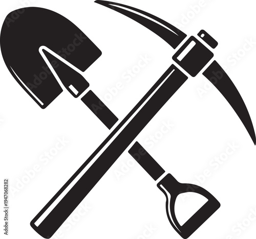 Crossed shovel and pickaxe tools for mining and construction work.