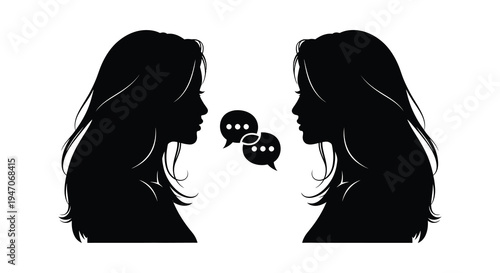 Two women facing each other in profile with speech bubbles between them