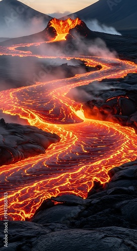 Volcanic Eruption with Flowing Lava at Night.