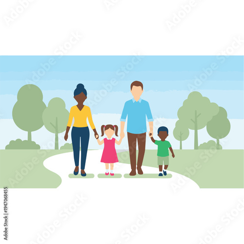 A diverse family of four walks together on a path outdoors