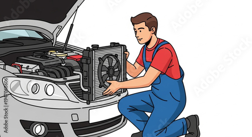 Mechanic repairing car air conditioner.