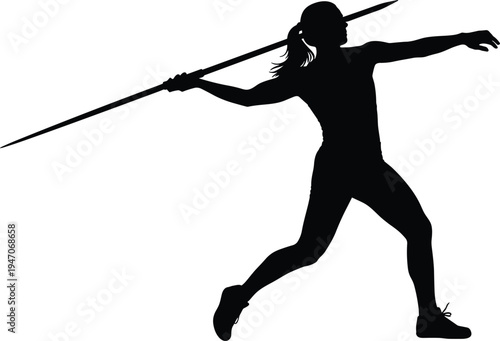 Female javelin throw athlete silhouette isolated on white background, track and field sport action, woman throwing spear vector illustration