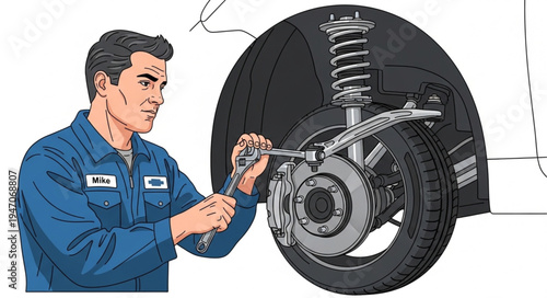 Mechanic repairing car brake.