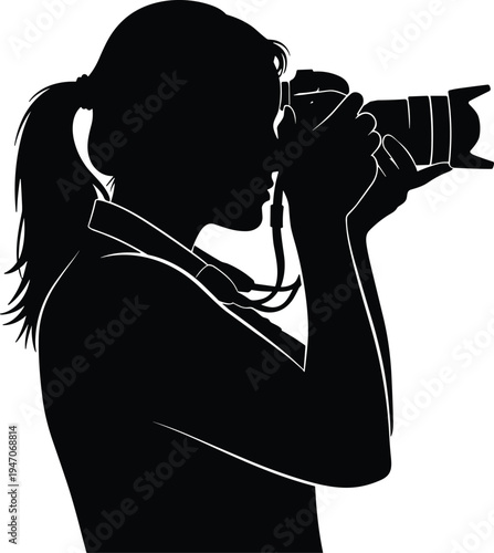 Female photographer silhouette using professional camera, woman taking photo with telephoto lens, photography hobby vector illustration isolated on white background