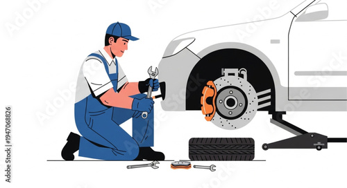 Mechanic repairing car brake.