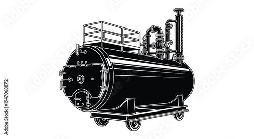 Detailed illustration of an industrial tank with pipes valves and a platform