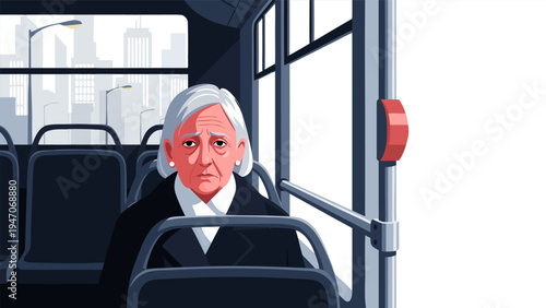 Vector illustration of a serious elderly woman sitting on a bus, looking forward with a neutral expression