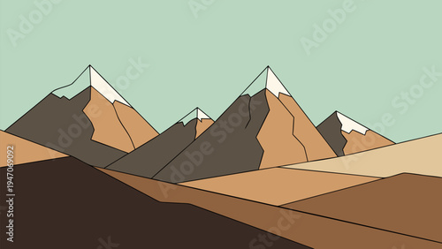 Crisp vector illustration of a minimalist mountain range with snow-capped peaks under a pale blue sky, evoking a sense of adventure and tranquility