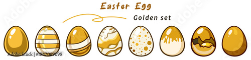 Golden easter egg set features variety of beautifully designed eggs showcasing unique patterns and textures. Each egg adds festive touch to celebrations and decorations
