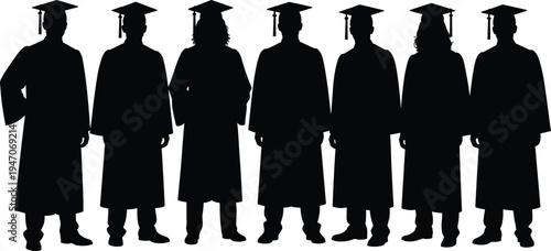 Graduates silhouettes group wearing caps and gowns, university students celebrating graduation ceremony, education achievement vector illustration isolated on white background