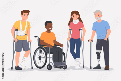 Diverse Group of People with Physical Disabilities and Injuries Including Man in Wheelchair, Woman with Neck Brace and Crutches, Man with Prosthetic Leg, and Man with Broken Arm and Leg Cast