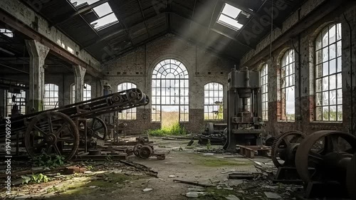 Abandoned Industrial Factory Interior with Natural Light.