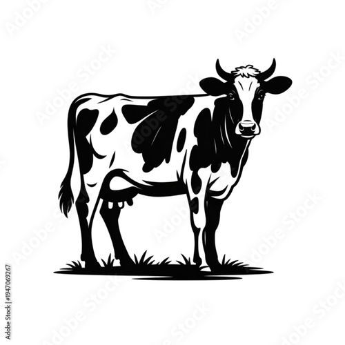 Black and white cow vector illustration, standing dairy heifer, cattle farm animal icon for logo design