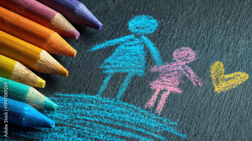 Crayon drawing parent child love colorful chalk art heart bond family support education concept