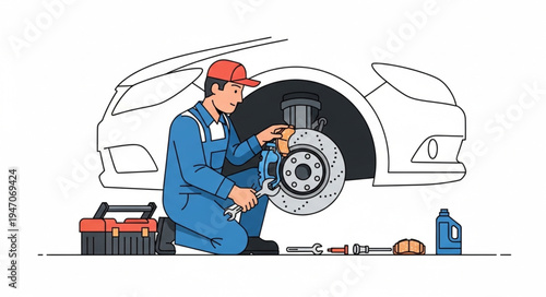 Mechanic repairing car brake.