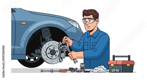 Mechanic repairing car brake.