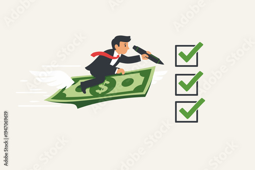 Successful Businessman Flying on a Winged Dollar Banknote Marking Green Checkmarks on a Checklist, Concept of Financial Growth, Investment Achievement, Wealth Management, and Business Success