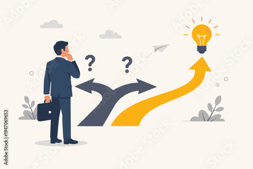 Businessman standing at a crossroads choosing between uncertain paths with question marks and a bright yellow arrow leading to a glowing light bulb representing a creative solution and success.