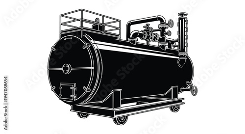Detailed illustration of a horizontal industrial tank with piping and gauges