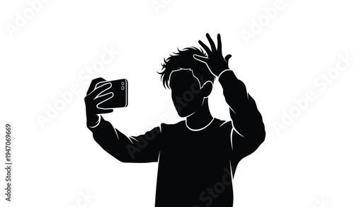 Black silhouette of a person taking a selfie while raising a hand to adjust their messy hairstyle