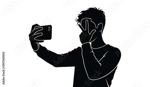 A silhouette of a young person taking a selfie with a smartphone while making a peace hand gesture