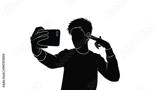A silhouette of a young person holding a smartphone and making a gun gesture with their hand near