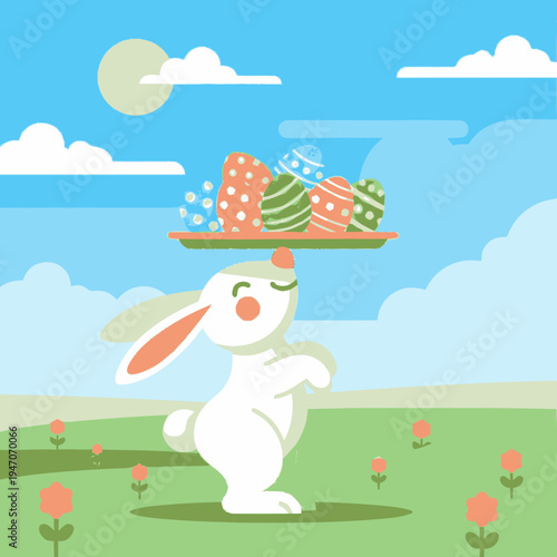 A cartoon rabbit balancing Easter eggs on a tray.