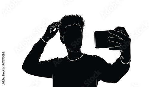 A silhouette of a young person posing and taking a self portrait with a handheld mobile device