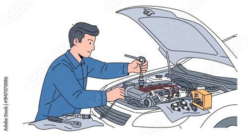 Mechanic repairing car engine.