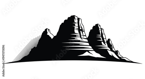 Stylized black and white illustration of jagged mountain peaks and a base