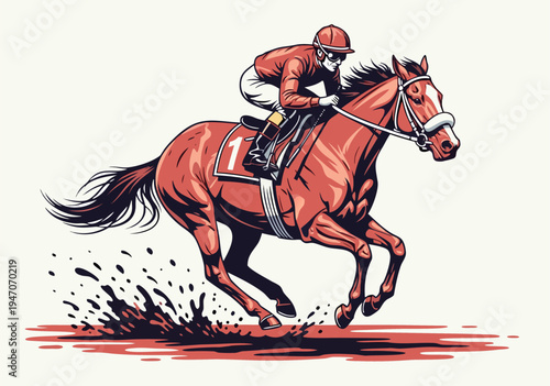 Vector illustration of a jockey riding a horse in a race with motion and splashes