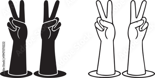Set of 4 Peace Sign Hand Gesture Icons Vector in Solid Black and Outline Styles for Web, UI, and Graphic Design
