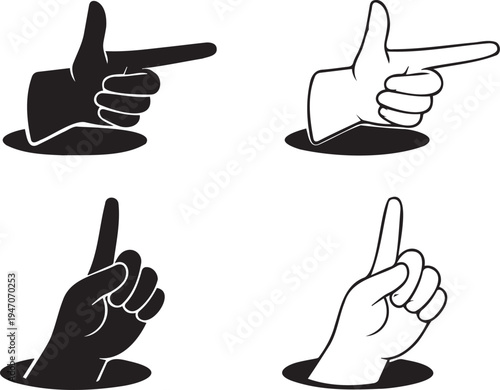 Set of 4 Hand Gestures Vector Icons: Pointing Finger and Index Finger Up in Black and White Outline Styles for UI/UX Design and Marketing