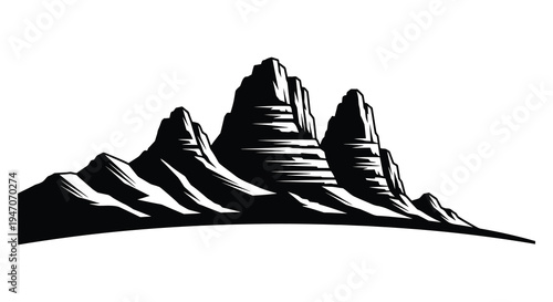 Dramatic black and white illustration of jagged mountain peaks and rolling hills