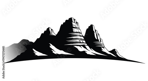Stylized black and white illustration of rugged mountain peaks and grassy foothills