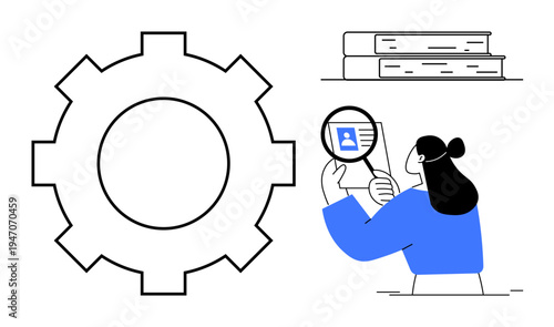 Data analysis concept. Data analysis ed with a gear, books for knowledge, and a person inspecting an ID card. Data analysis for education, research, management, digital security, and processes