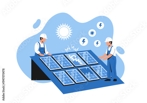 Solar panel installation vector illustration by workers for renewable energy generation