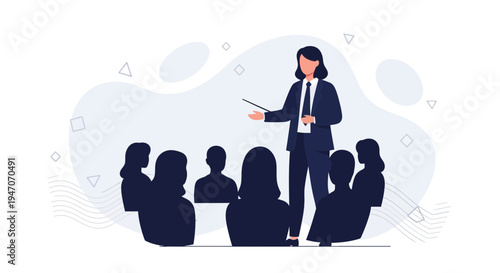 Businesswoman presenting to an audience in a modern minimalist meeting room
