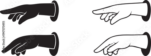 Set of 4 Pointing Hand Gestures Vector Icons in Black and White Outline Styles for Directional Cues and User Interface Design