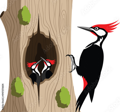 Pileated woodpecker bird perched on tree trunk near nest hole with two chicks, wildlife nature forest scene, vector illustration isolated on white.